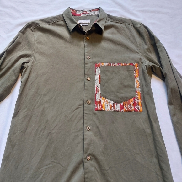 Zara Man Khaki Southwestern Pattern Button Up Long Sleeve Shirt, XL - Picture 2 of 9